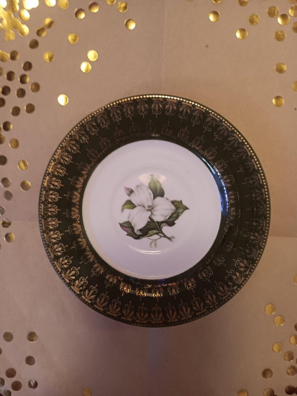 TWO vintage Limoges-American Trillium "cup" Plate 22K Gold Green STUNNING!